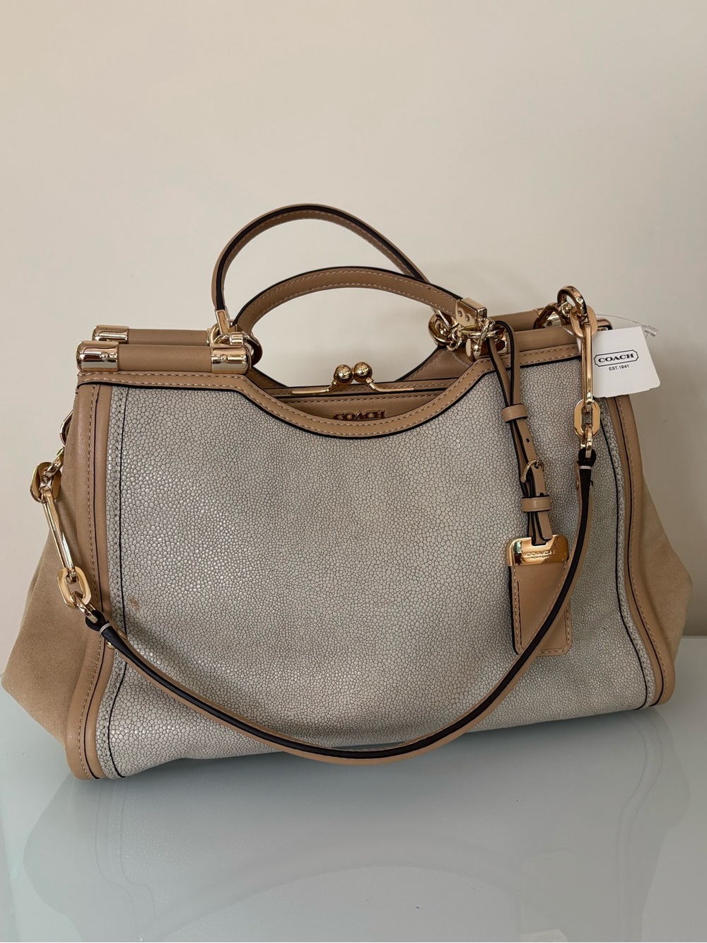 COACH Madison Pinnacle Caroline Satchel in Embossed Texture Leather and Sued